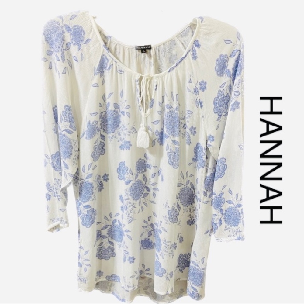 HANNAH Boho Prairie Floral Top  W/Neck-tie Tassels 3/4 Sleeves Light Airy Size L